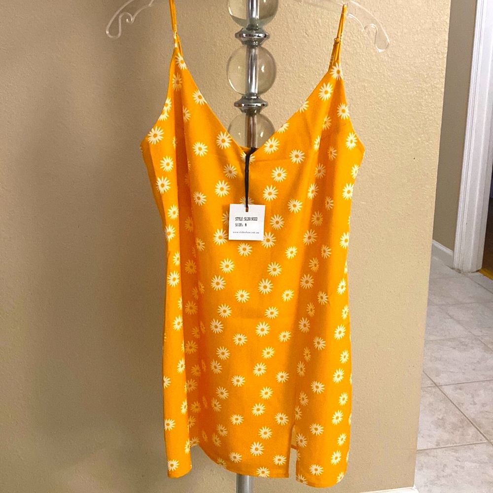 Yellow flower mini dress with slit, slideshow Australia brand